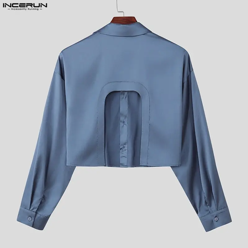 

INCERUN Men Shirt Solid Lapel Long Sleeve Button Casual Male Crop Tops Streetwear Satin Hollow Out Backless Fashion Tops Camisas