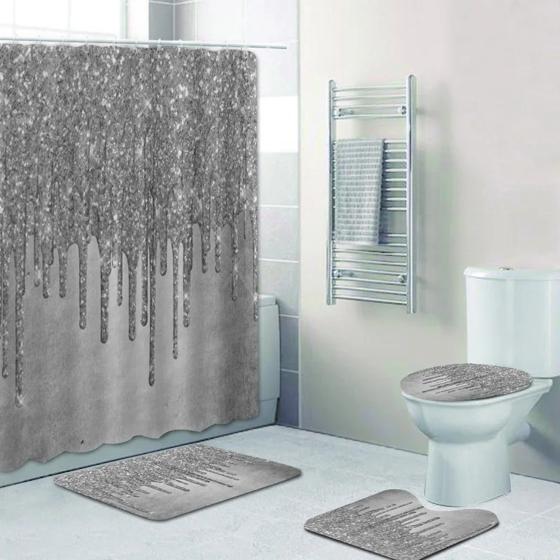 Trendy Grey Silver Faux Metallic Ice Sparkle Drip Bathroom Shower Curtain Set for Bathroom Glitter Drizzle Bath Rugs Home Decor