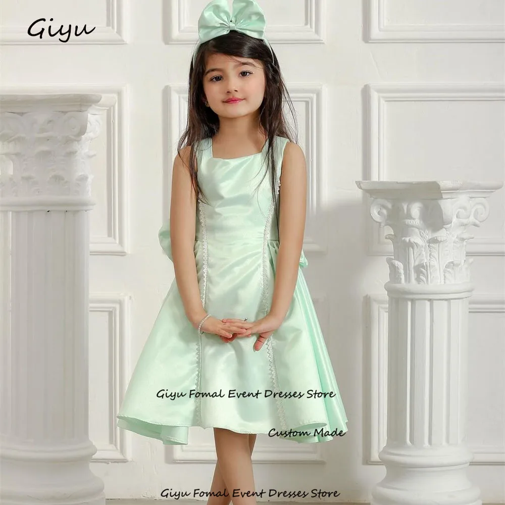 Giyu Fairy-vestido de Boda Verde para niños, traje drapeado con cuello cuadrado y lazo, Formal, para cumpleaños, niña de las flores