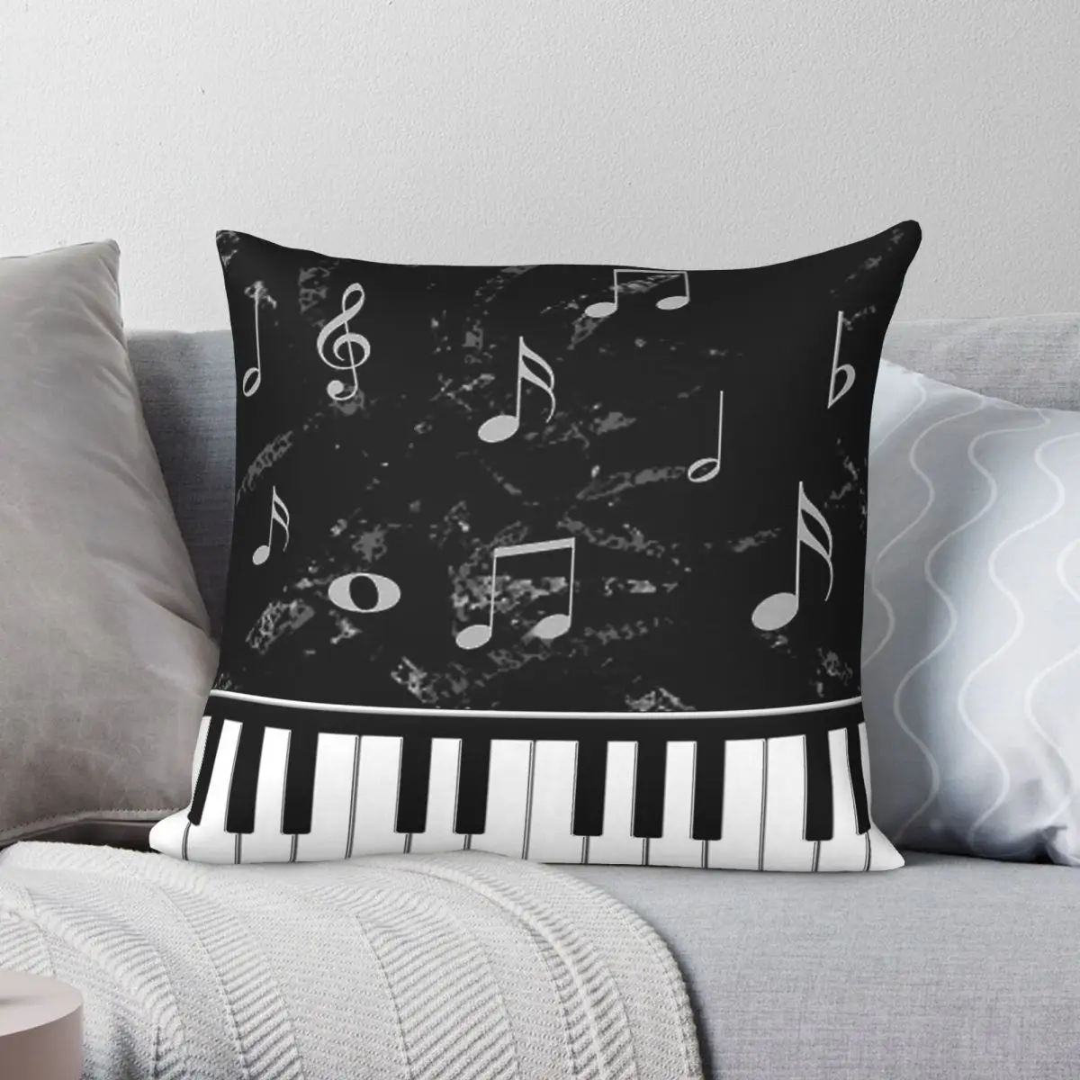 Black White Piano Music Square Pillowcase Polyester Linen Velvet Creative Zip Decorative Home Cushion Cover