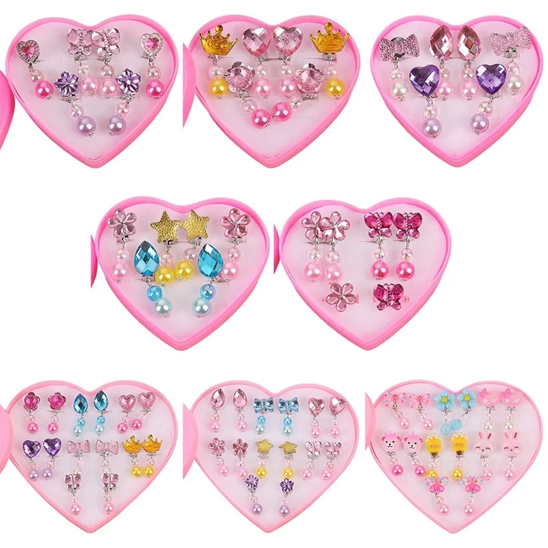 Korean Style Cartoon Heart/Flower Lovely Baby Ear Clips Set Girls Rings Star Bow Ear Clips Kids Clip Earrings Gifts for Girls