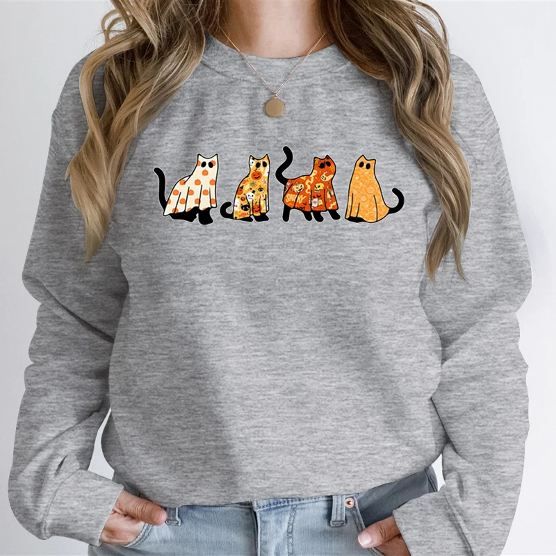 Cat Lover Halloween Hoodies Ghost Cats Graphic Sweatshirt Hoodie Women Spooky Season Black Cat Funny Halloween Woman Sweatshirts