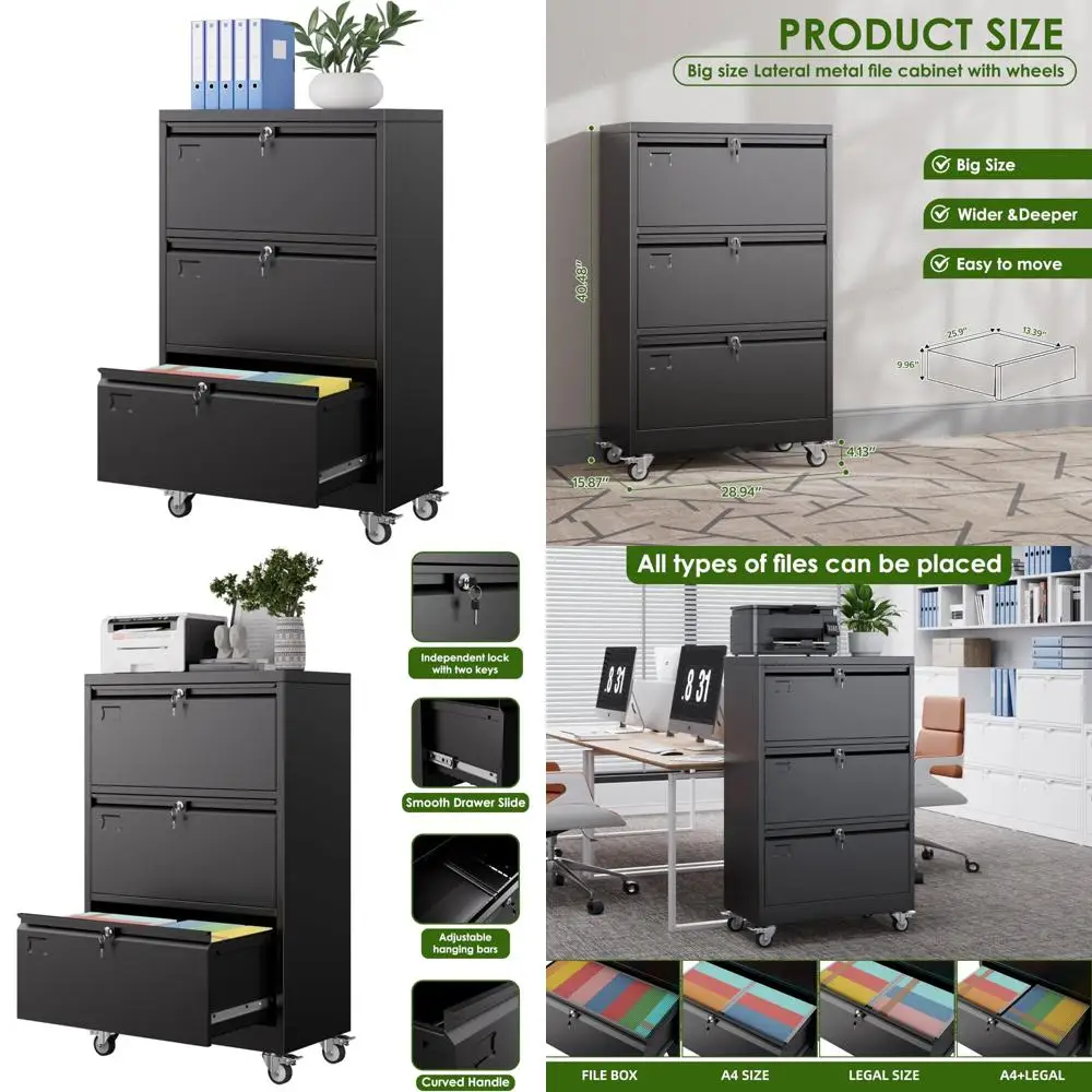 Lockable Metal Lateral File Cabinet with Wheels for Home Office, Legal/Letter Size, Black, Storage Solution