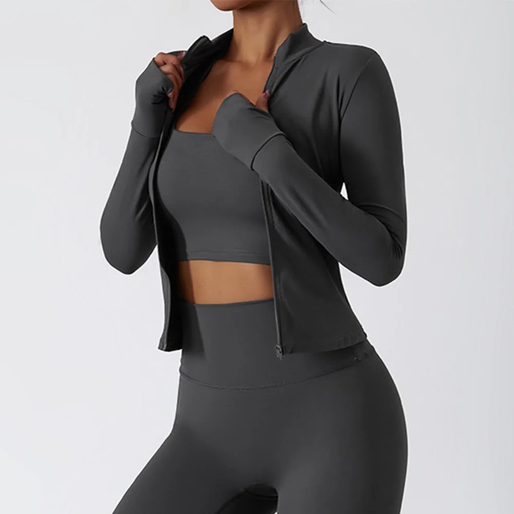 Women Zipper Jacket Yoga T-shirts Solid Sports Top Long Sleeve Crop Tops Running Shirts Sexy Quick Dry Fitness Gym Sport Wear