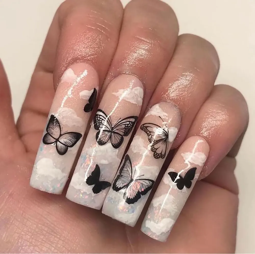 1 pz 5D Nero/Bianco Farfalla Nail Art Sticker Elegante Design Del Merletto Decalcomanie Per Unghie 8*10 cm Autoadesiva Manicure Farfalle Nail De