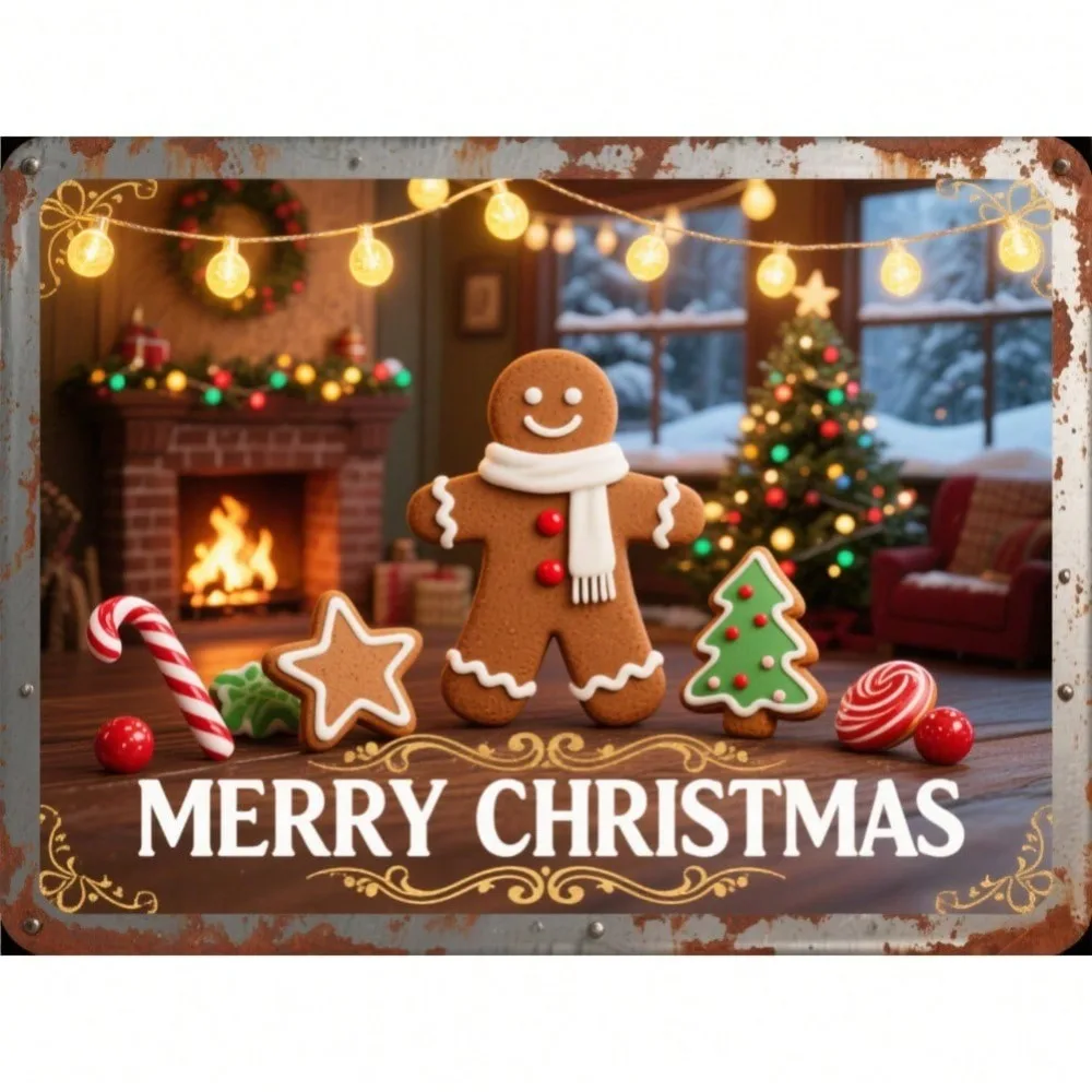 ديكور حائط من القصدير لخبز الزنجبيل لعيد الميلاد العتيق - مشهد كوكي ومدفأة كلاسيكية مع تأثيرات لامعة، معدن مسطح متين ثنائي الأبعاد #1