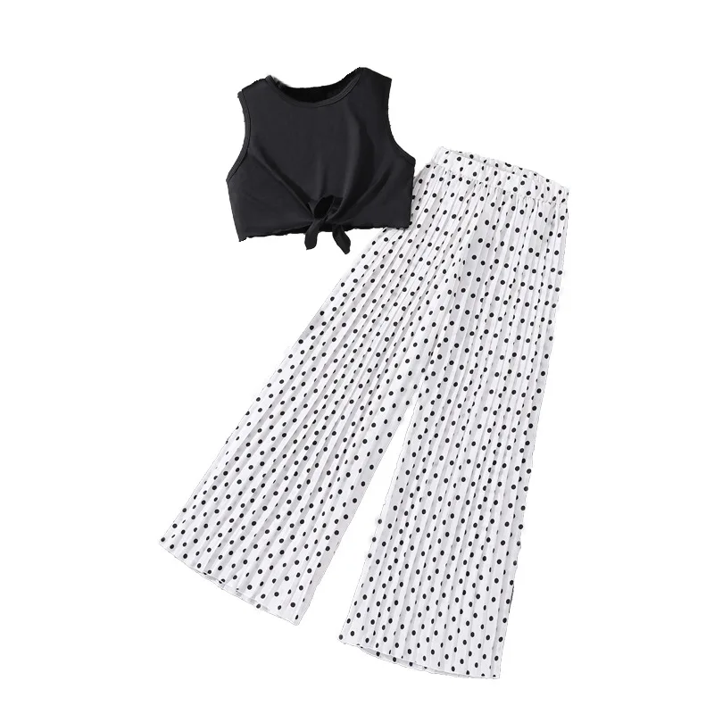 

Girls Summer Clothing Set Sleeveless Top Polka Dot Pants 2024 Fashion Outfit For Kids 8-12Y