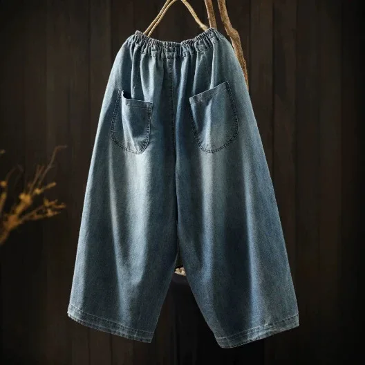 Women Summer Vintage Mori Girl Cartoon Cat Floral Embroidery Denim Wide Leg Pants Elastic Waist Casual Loose Straight Jeans