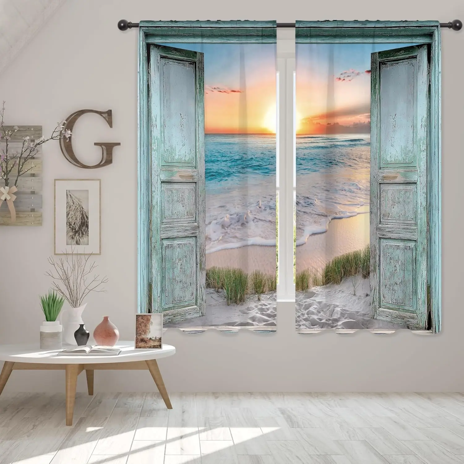 Teal Ocean Sea Curtains Coastal Nautical Barn Wood Door Sunset Rod Pocket Turquoise Country Seaside Modern Men Women Bedroom