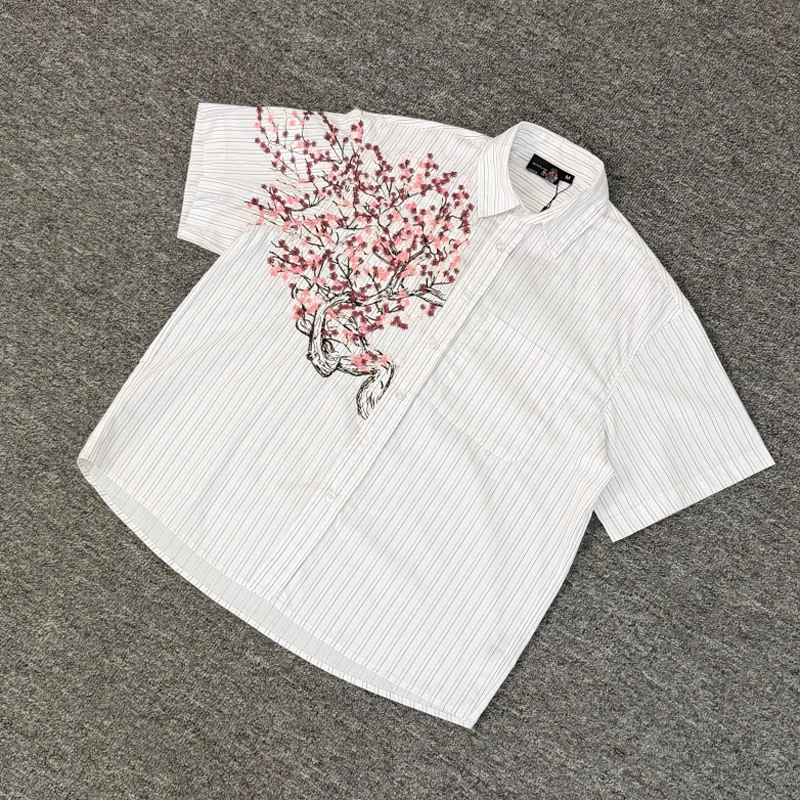 Send Out in One Day Derschutze Shirt High Quality Cherry Blossom Embroidery Pattern Striped Casual Shirts