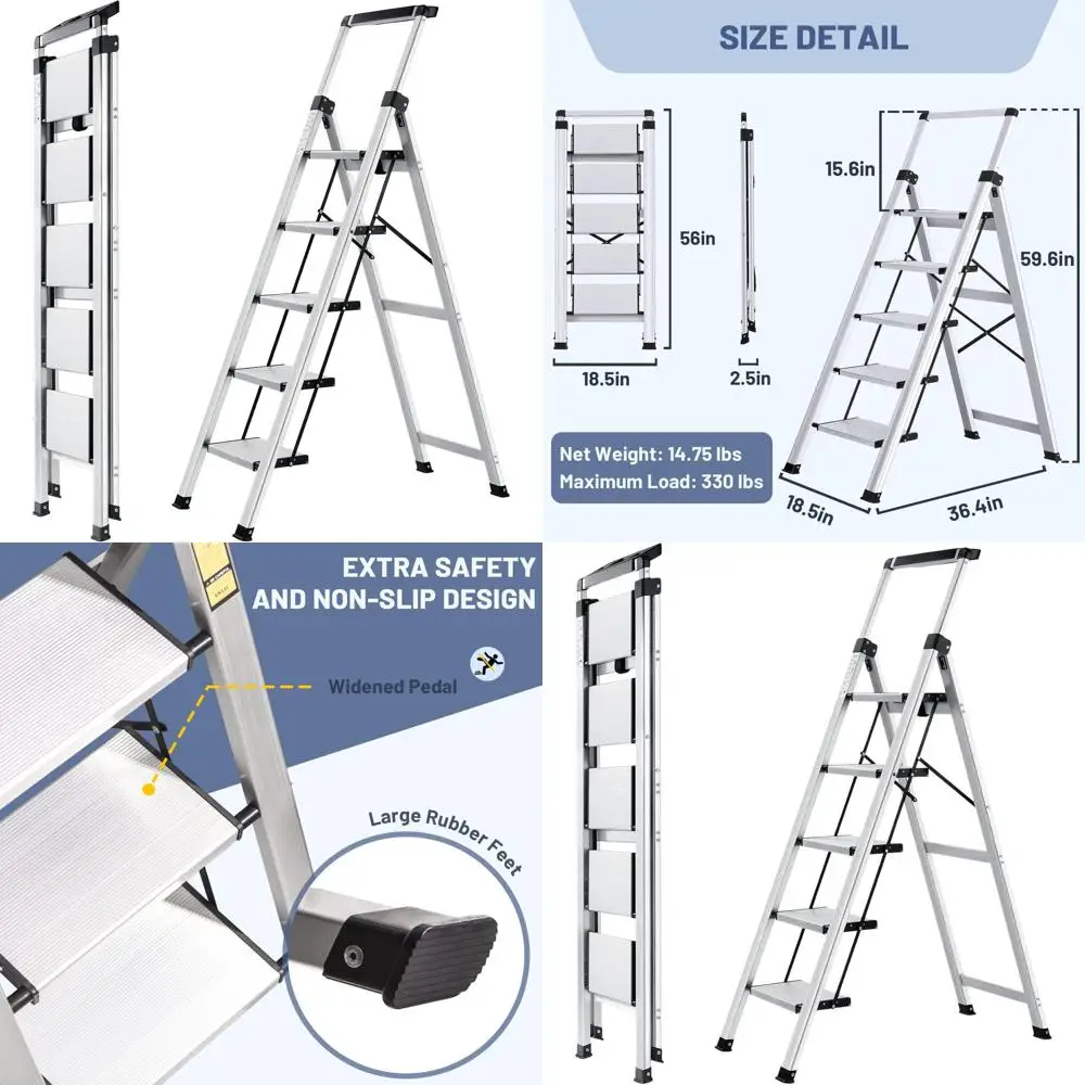 Escalera plegable de 5 escalones con agarre retráctil, peldaños antideslizantes, construcción de aluminio, capacidad de 330 libras