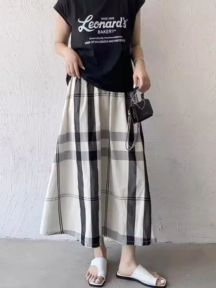 Women Skirt Color Matching High Waist Grid Skirts for Women Match All Fashion Loose Full Skirt Mid-length 2025 Spring Casual Y2K