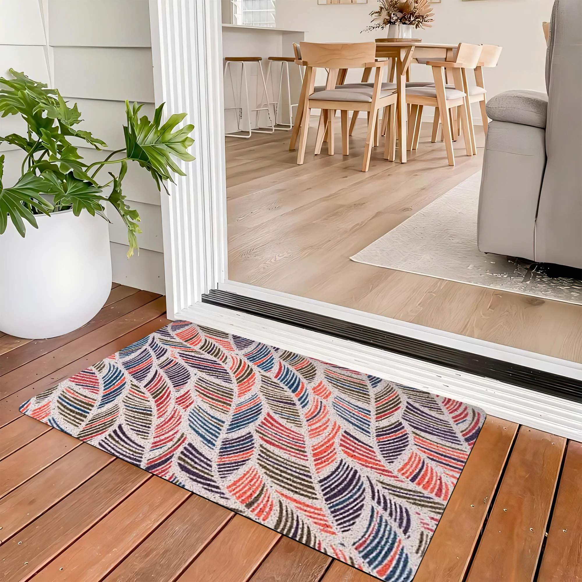 Boho Striped Leaves Doormat Anti-Slip Outdoor Entrance Mat Dirt Trapping Front Door Rug Waterproof Easy Clean Entryway Floor Mat