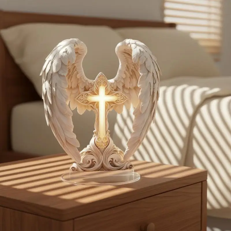 2D Acrylic Angel Wings Cross Ornament with Non-Slip Base Artistic Religious Decor for Home Altar Prayer Room