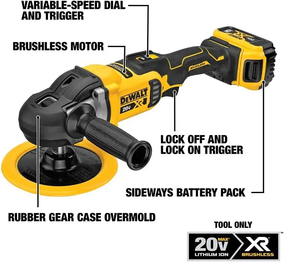 DEWALT 20V MAX* XR draadloze polijstmachine, draaibaar, variabele snelheid, 7 inch, 180 mm, alleen gereedschap (DCM849B)