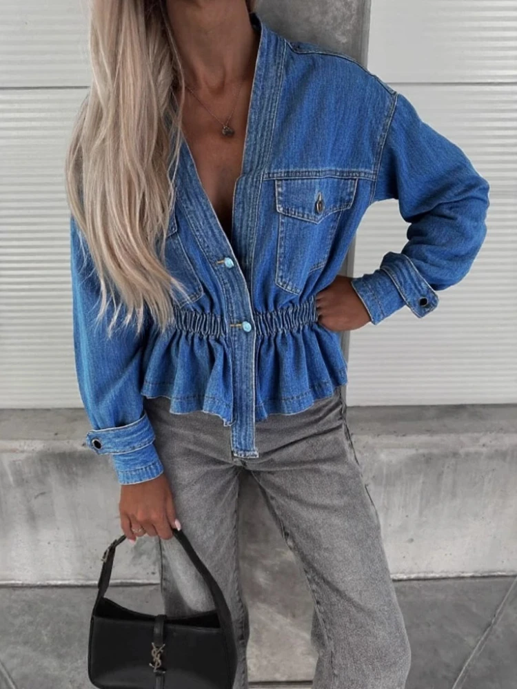 Vintage Slim V-neck Jeans Jacket Women's Long-sleeved Blue Denim Coat Single-breasted Top Streetwear High-end Designer Clothing