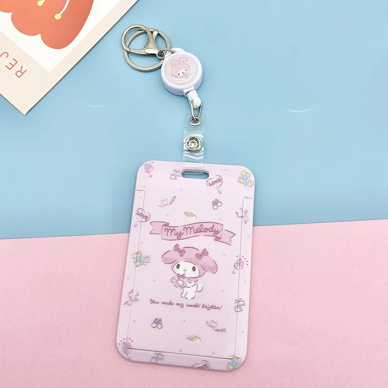 Sanrio Key Chain Pendant Hello Kitty Mymelody Cartoon Work Bus Card Holder Plastic With Lanyard Retractable Buckle Student Gift
