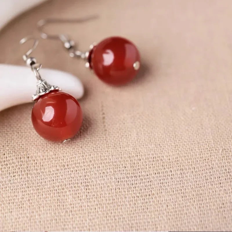 Original 925 Silver Natural Red Agate Jade 10mm Beads Earrings DIY By Hand Accessories Women Gifts Jewelry Amulet Customized