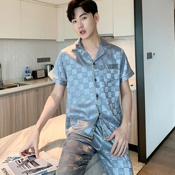 Summer Pjs Fashion Plus Size Mens Pajamas Leisure Ice Silk Elegant Sleepwear for Gentleman Soft Short Sleeve Button Loungewear