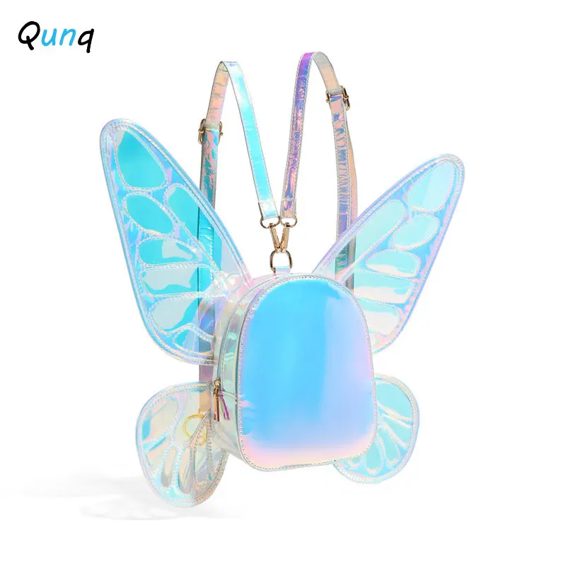 Qunq 2023 Summer INS New Girls Fashion Lovely PU Laser Butterfly Wings Personality Creative Retro Kids Backpack Holiday Gift