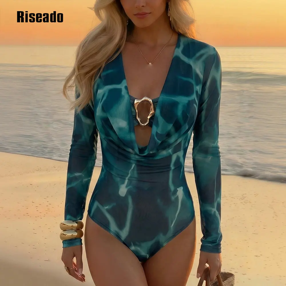 Mesh-Bademode für Damen, langärmelig, Rashguard-Badeanzüge, einteiliger Badeanzug, UV-Schutz, Surfanzug, Übergröße, neue Mode