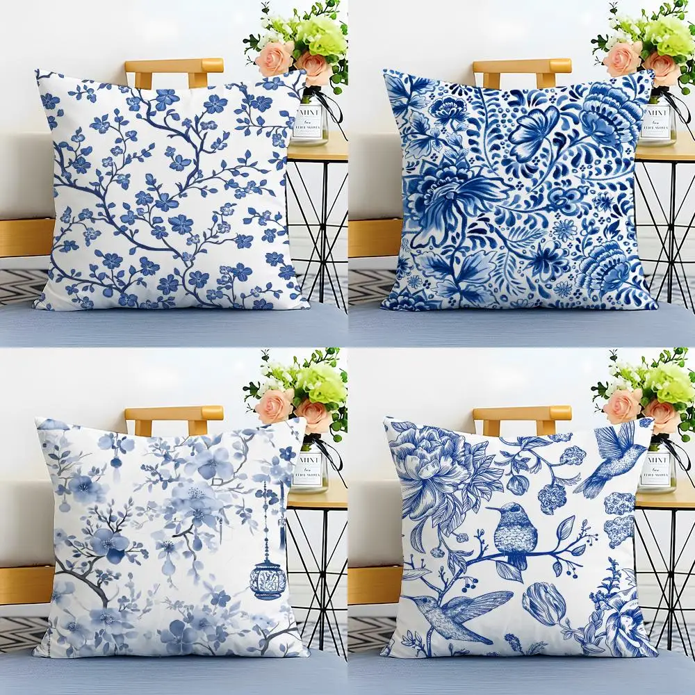 Blue and White Porcelain Cushion Cover Washable Linen Pillowcase Soft  for Sofa Bed Cozy Home Room Decor