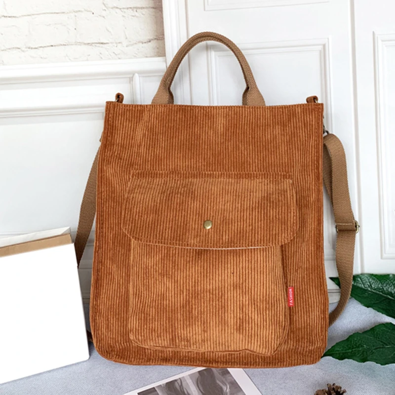 Women Corduroy Shoulder Bag Vintage Shopping Bags Student Bookbag Female Canvas Shoulder Tote Bag With Outside Pocket 2024 New