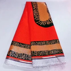 High Quality Orange African Jacquard Silk Fabric with Gold Line , 5 yards Nigerian Golden Silk Fabric for Women Dress P1115-1