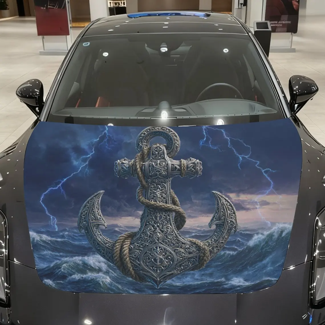 

Lightning Ship Anchor Car Hood Vinyl Wraps, PVC Waterproof Car Bonnet Decals, Self-Adhesive Scratch-Resistant Stickers For Engin