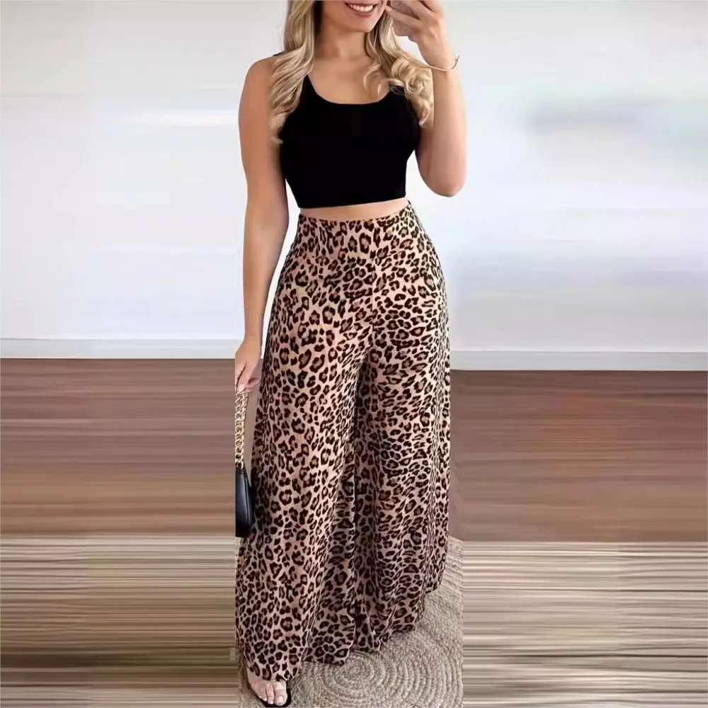 Conjuntos de dos piezas informales de verano para mujer, conjunto de camiseta sin mangas corta con cuello cuadrado y pantalón de pierna ancha con bolsillo y estampado de leopardo