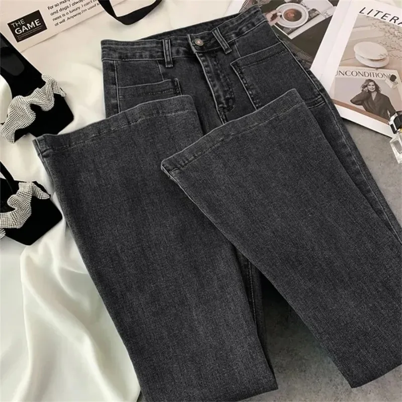 Spring Fall Casual Vintage Pantalones Slim Vaqueros Pockets Streetwear High Waist Flare Denim Pants Women Korean Straight Jeans