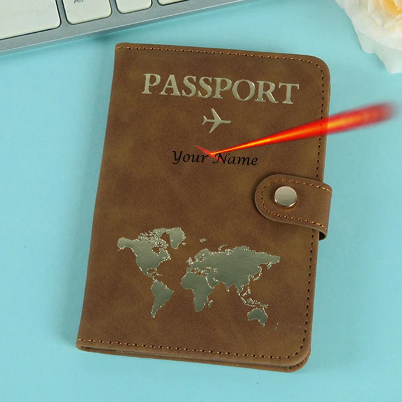 Engraved Name Passport Cover Fashion Map Logo Travel Wallet Credit Id Card Holder Case Wallet Passport Holder