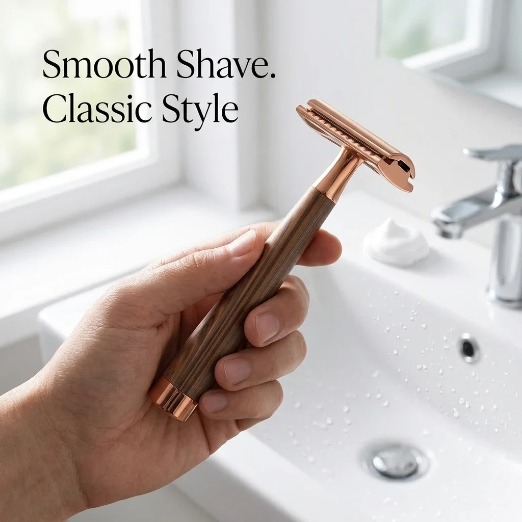 Safety Razor Double Edge Manual Shaver for Men and Women with Wood Grain Handle and 5 Blades