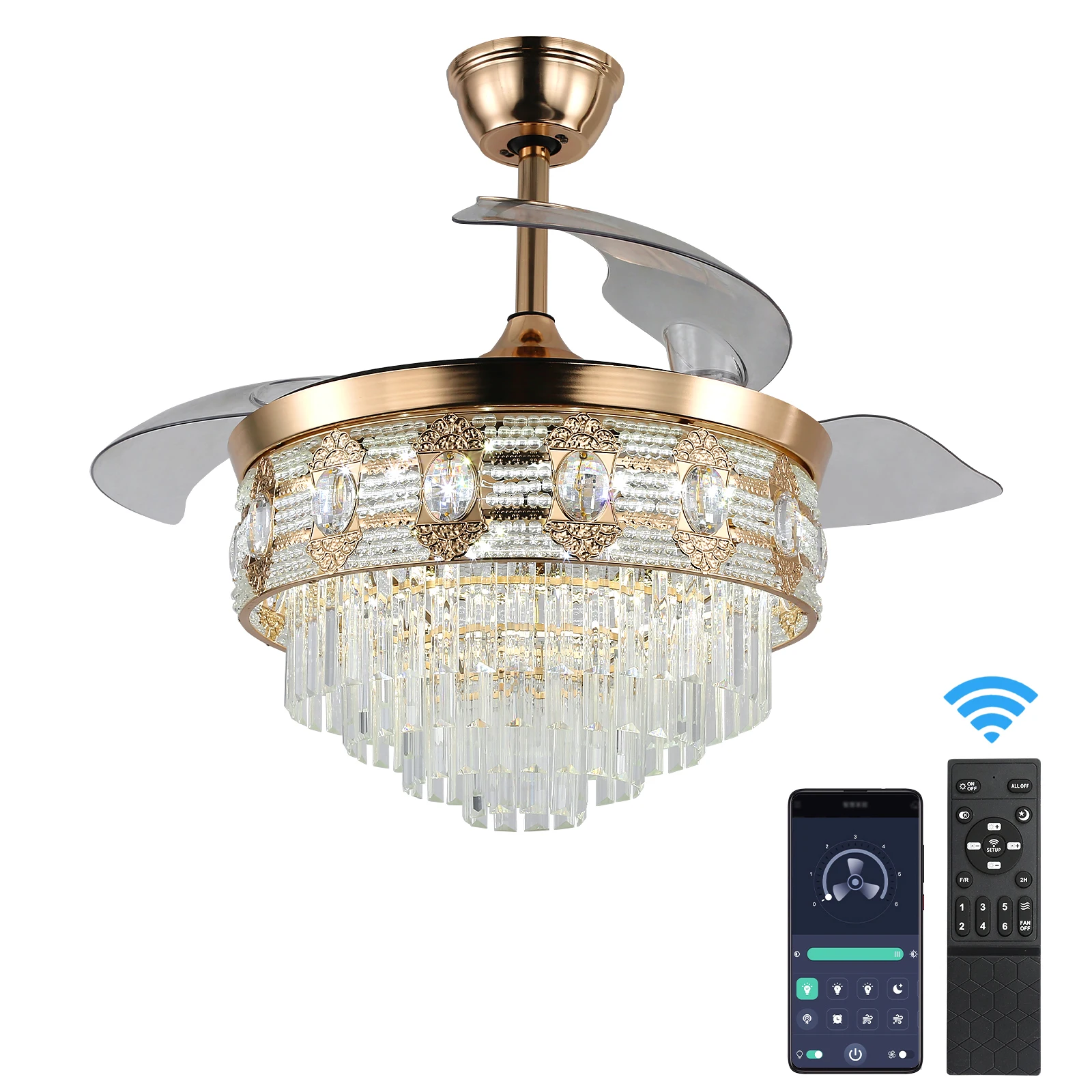 Modern Smart Ceiling Fan Chandelier Gold RC Adjustable 6 Speed Pendant Light Luminaire Bedroom 3 Heads Led Fandelier Lamp Indoor