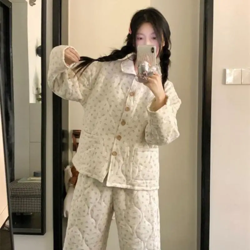 طقم بيجامة ملابس نسائية ملابس منزلية بأكمام طويلة طقم مكون من قطعتين للخريف والشتاء موضة سميكة ومريحة حلوة #2