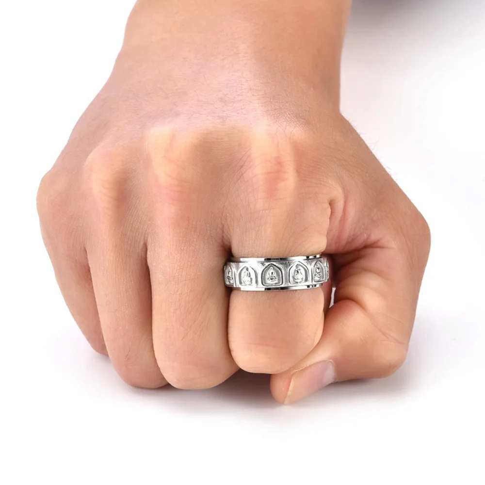 Spinnerring aus 18 Karat vergoldetem Titanstahl für Herren, buddhistischer Arhat, gravierter rotierender Schmuck, Meditationsgeschenk für Männer – Detail 6
