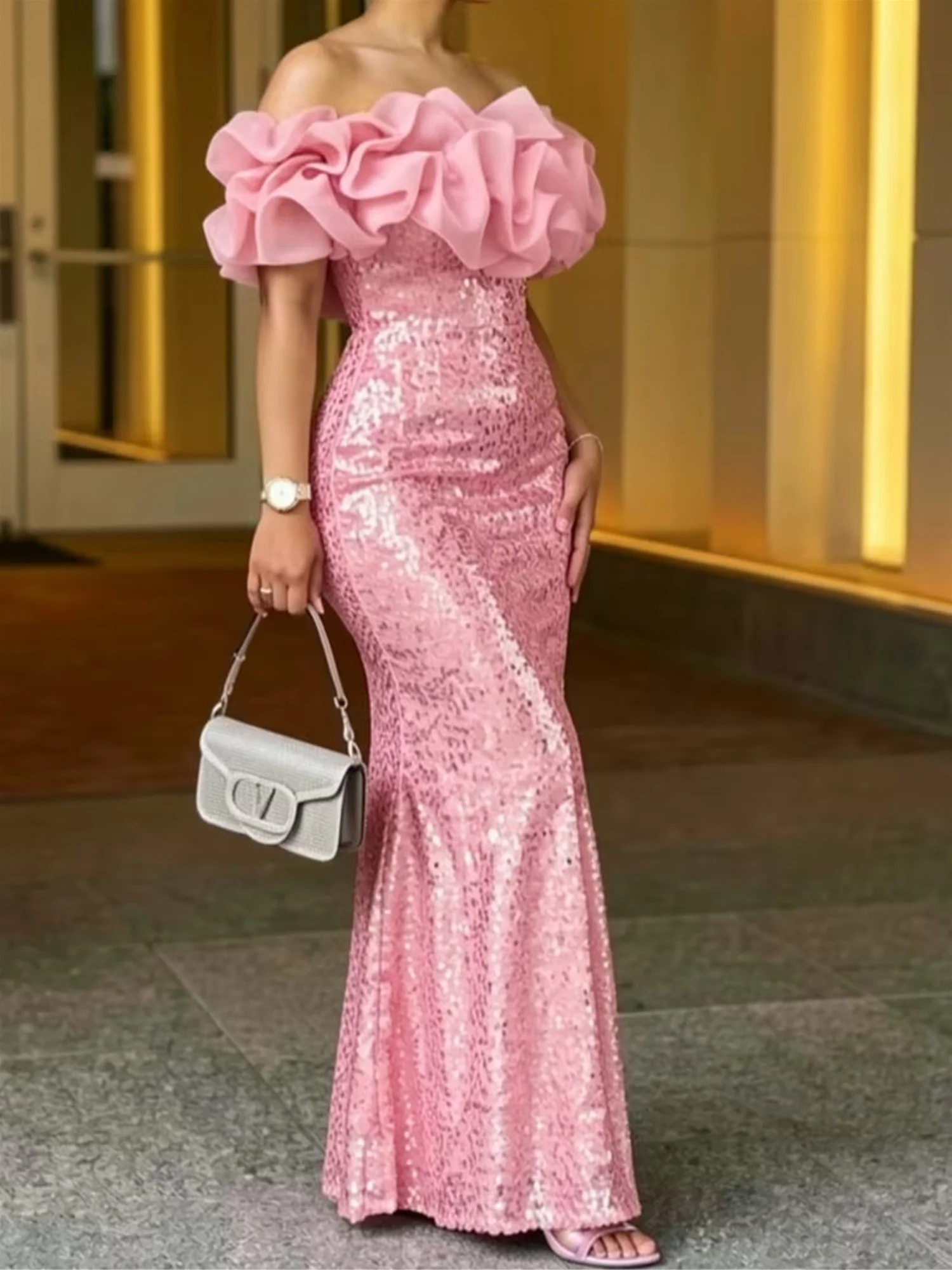 Plus Size Off Shoulder Ruffle Sequin Mermaid Dress Women Sparkly Formal Bodycon Fishtail Party Wedding Guest Evening Maxi Dress
