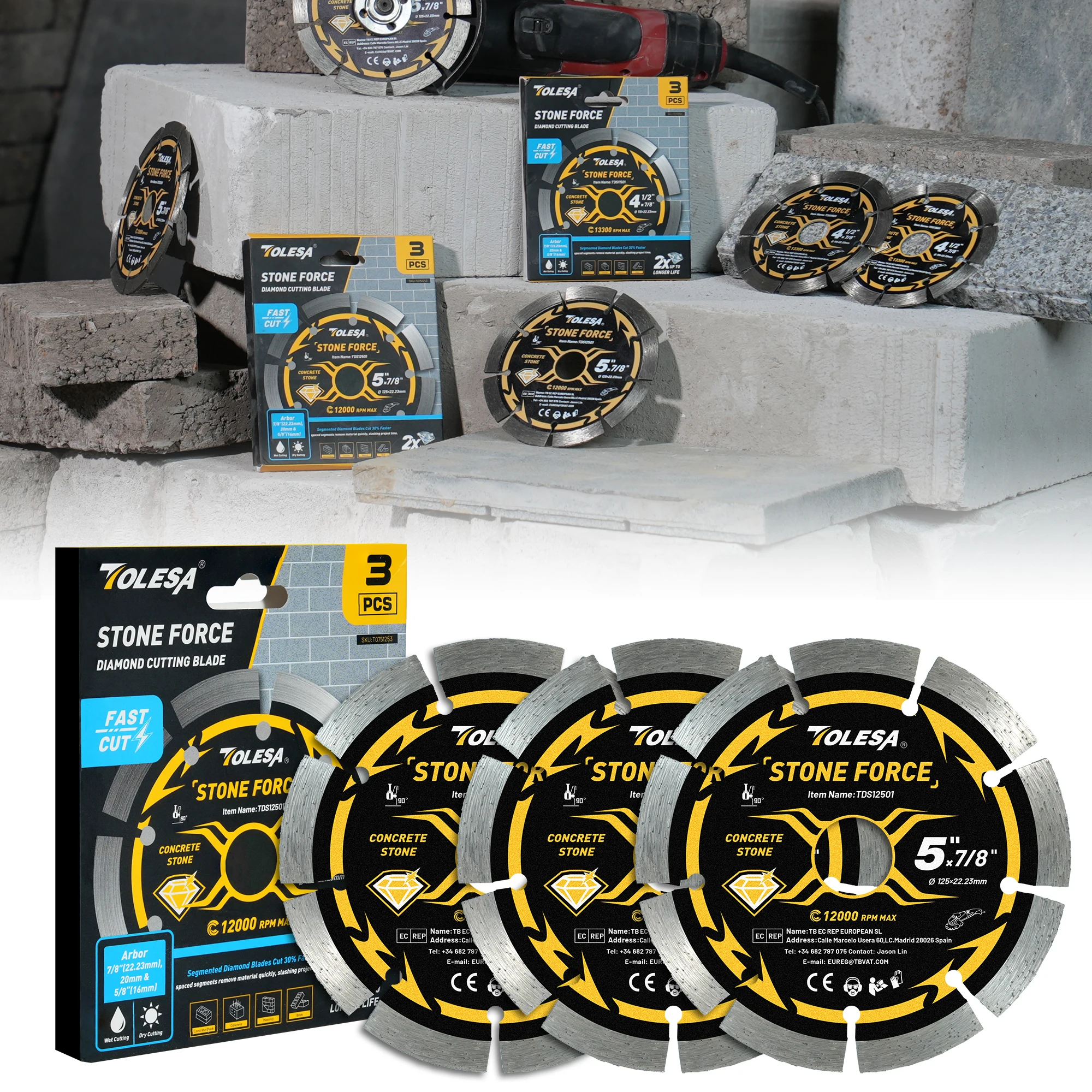 TOLESA 3PCS 125mm Segmented Diamond Blades Multifunctional Diamond Cutting Wheel for Angle Grinder Stone Blade for Masonry Brick