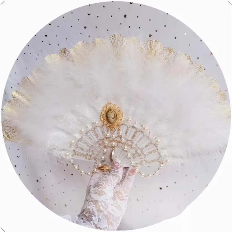Pearl White Feathers Vintage Gold Stamping Folding Fan Lolita Harajuku Gothic Retro Style Portable Hand Fan Gifts