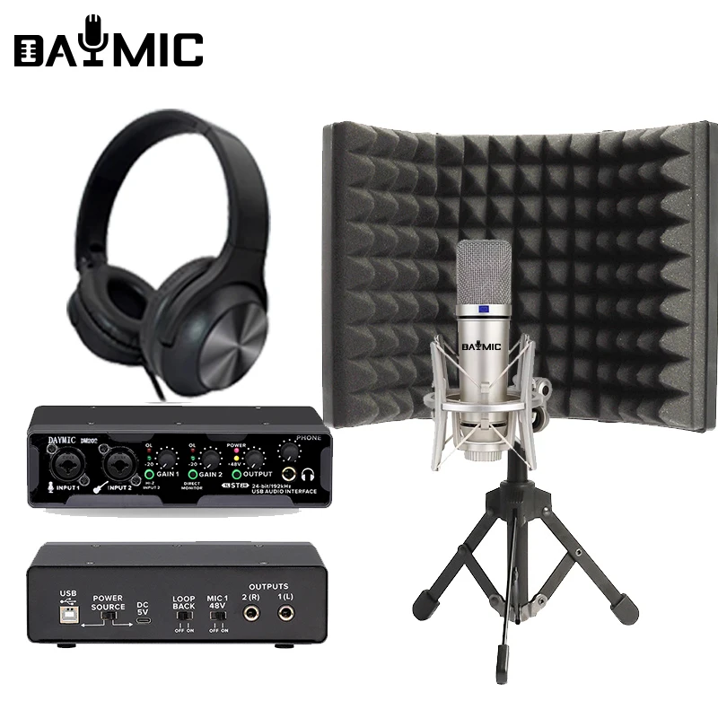 Professional 2 Channel Xlr Audio Interface 5 Door Windshield Microphone Earphone Studio Recording Kit