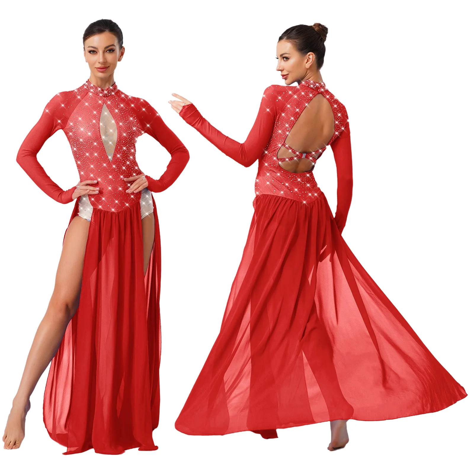 

Shiny Rhinestone Lyrical Dance Maxi Dress Long Sleeve Backless Chiffon Slit Hem Leotard Dress Modern Dance Dancewear for Womens