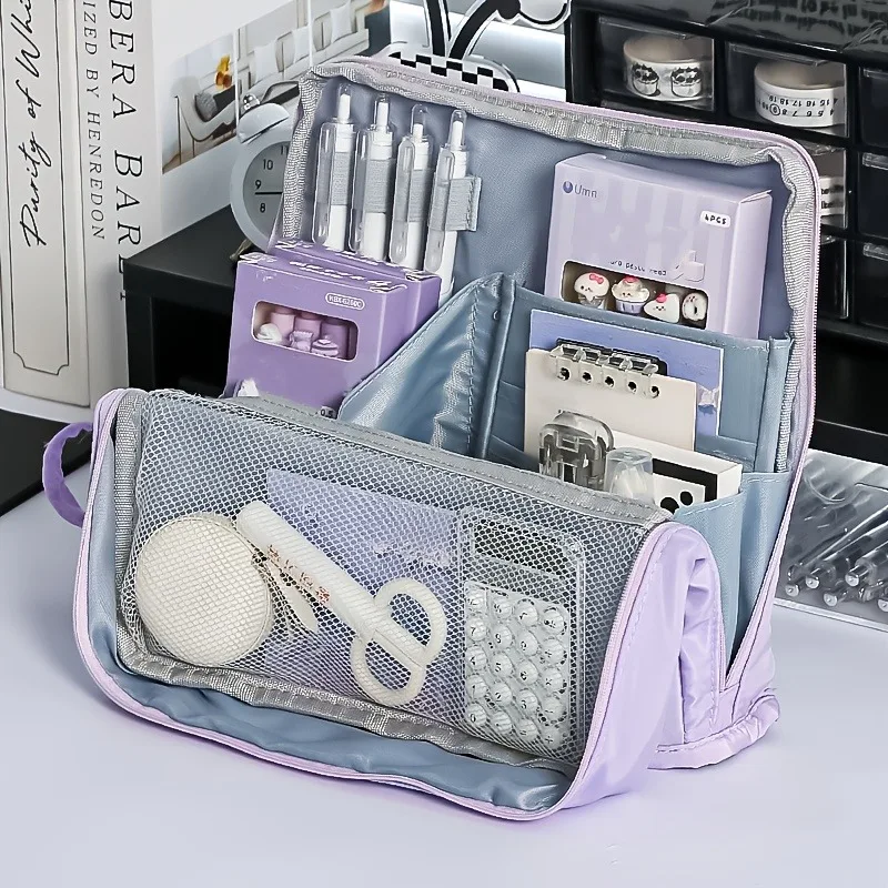 Washable Pencil Case Organizer, Large Capacity Multi Compartment Mesh Pocket Storage Bag for School Office Travel, Unisex Gift