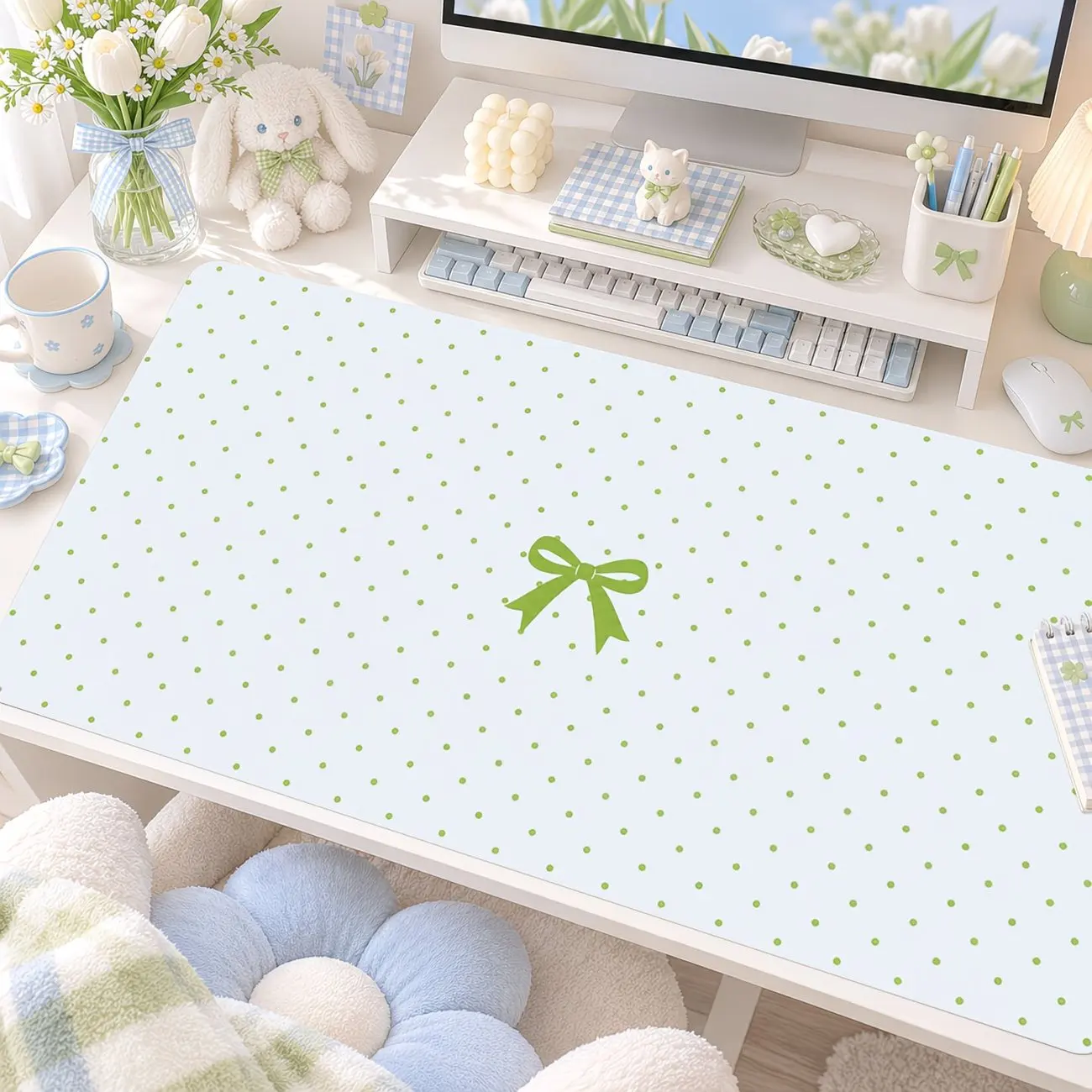 Green Polka Dot Bow PU Leather Mousepad Office Desk Mat Mouse Pad Computer Speed Type Carpet Mat Player Laptop Keyboard Cartoon