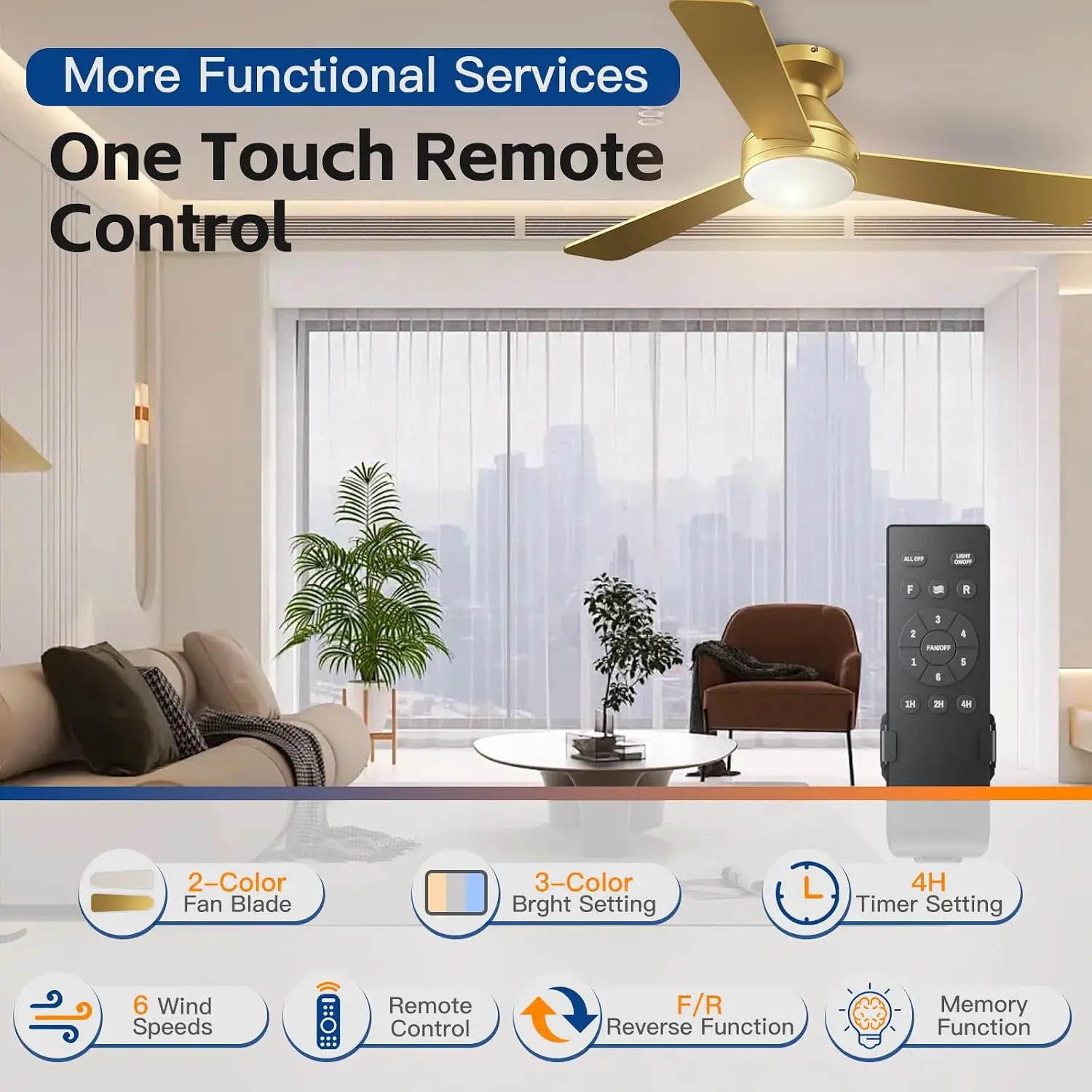 Flush Mount Ceiling Fan with Lights and Remote, 42 Inch, 6 Speed, 3CCT, Gold Finish