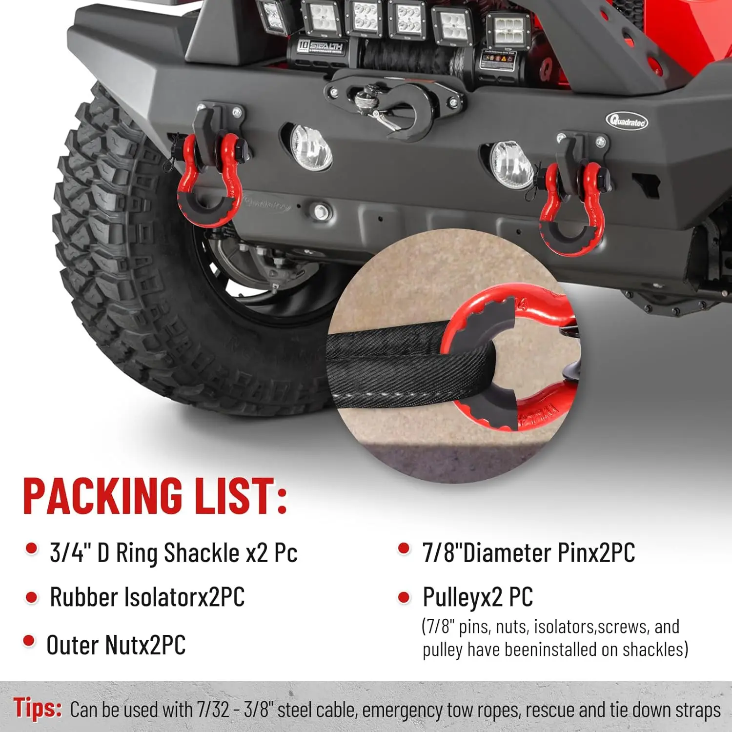 Кольцевая скоба D 3/4 дюйма с блоком подачи — сверхмощность 57,000 фунтов для буксировочного ремня лебедки для восстановления в бездорожье