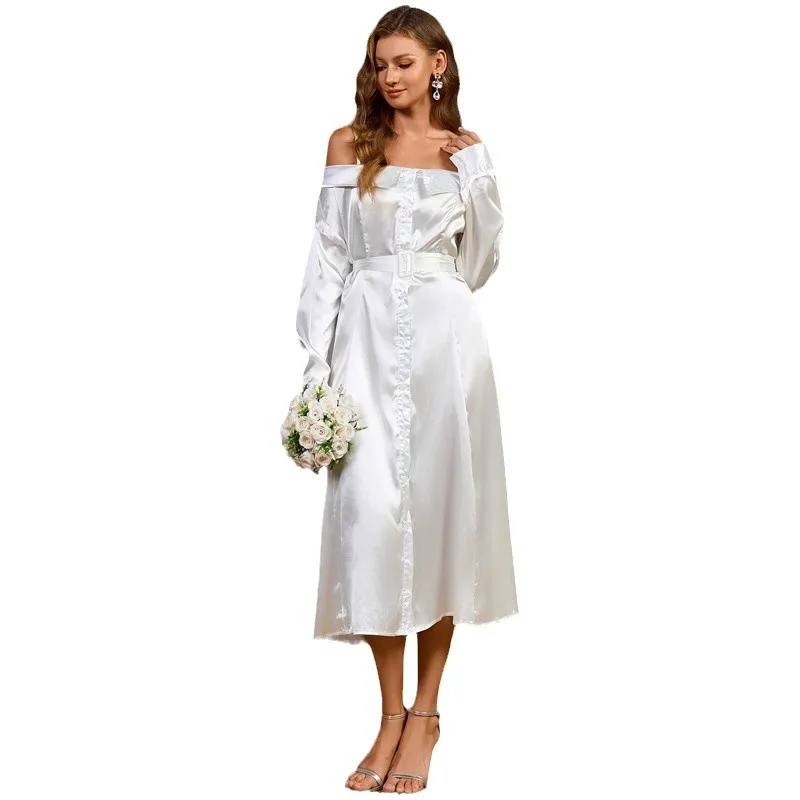 Vestido ajustado de manga larga de Color sólido con hombros descubiertos y temperamento elegante a la moda europea y americana para mujer