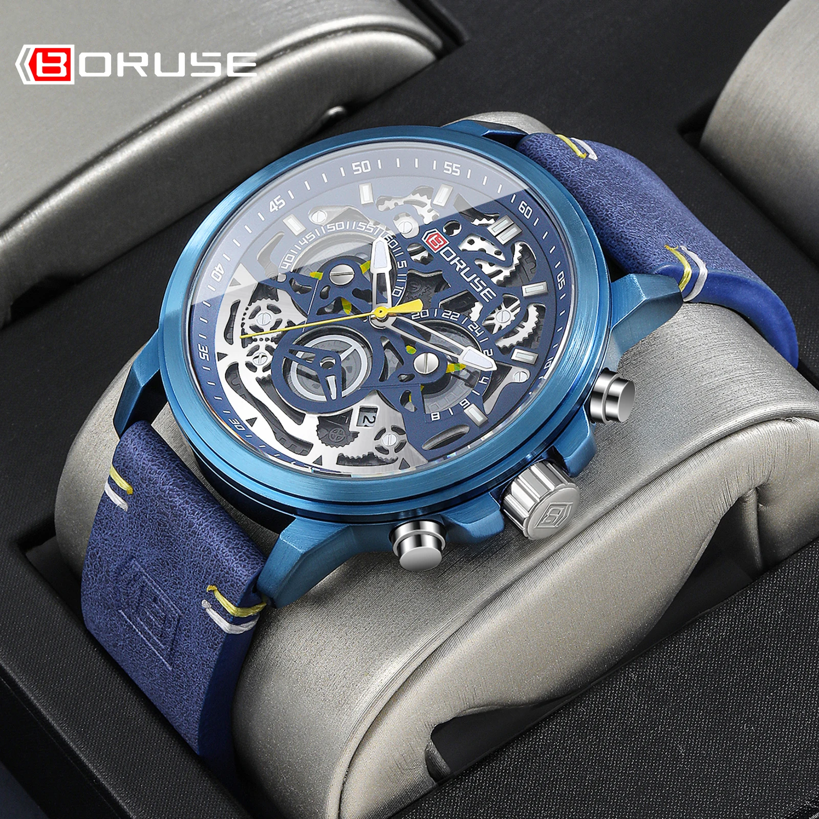 BORUSE Business Blue Waterproof Leather Mens Quartz Watches Luxury Luminous Watch For MenWristwatch