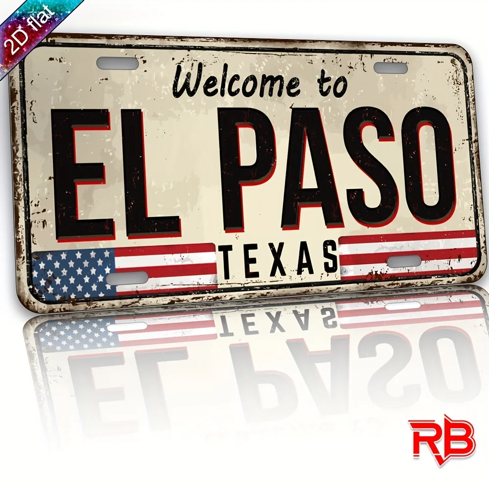 Welcome to El Paso Texas Vintage Retro American Flag Distressed Rustic Style 2D Flat Printed License Plate Aluminum Metal Painti