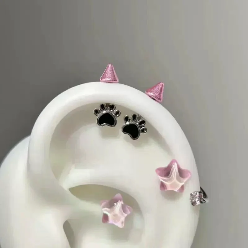 لطيف القط باو الشيطان مربط ثقب القرط للنساء الرجال القوطية الأذن العظام مسمار القرط Y2K مجوهرات اكسسوارات #4