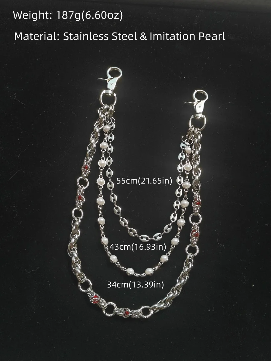 Y2K Gothic Dreischichtige Hosenkette, Edelstahl Perle Roter Strass, Unisex Geldbörsenkette Süßes Cooles Street-Accessoire – Detail 11